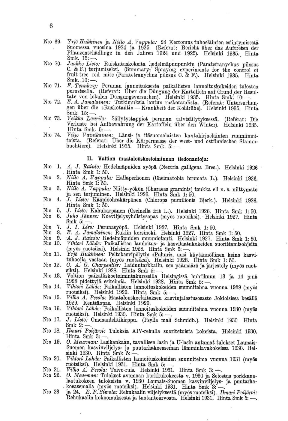 Jaakko Listo: Ruiskutuskokeita hedelmäpuupunkin (Paratetranychus pilosus C. & F.) torjumiseksi. (SummarY':- SPraying experiments for the control of fruit-tree red mite (Paratetranychus pilosus C. & F.). Helsinki 1935.