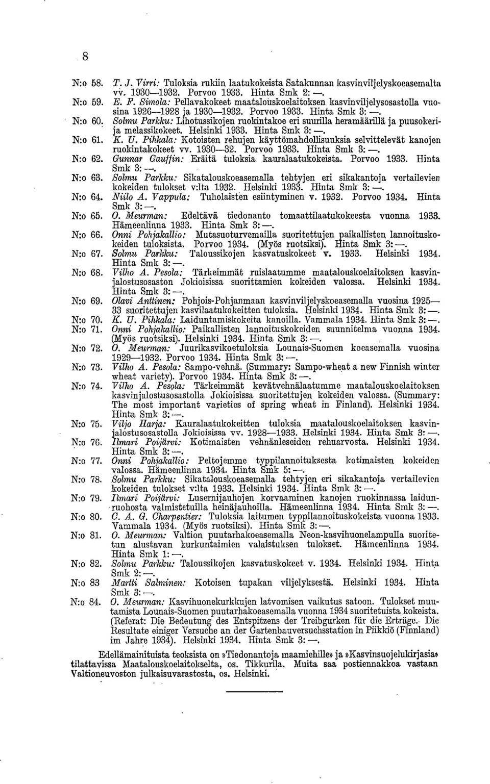 Solmu Parkku: Lihotussikojen niokintakoe eri suurilla heramäärillä ja puusokerija melassikokeet. Helsinki 1933. Hinta Smk 3: -. N:o 61. K. IT.