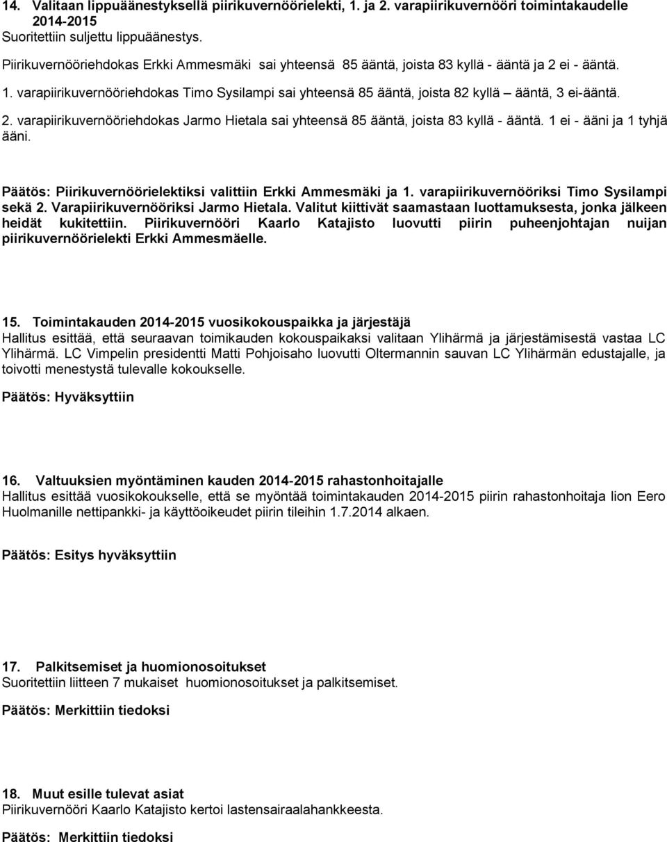 varapiirikuvernööriehdokas Timo Sysilampi sai yhteensä 85 ääntä, joista 82 kyllä ääntä, 3 ei-ääntä. 2. varapiirikuvernööriehdokas Jarmo Hietala sai yhteensä 85 ääntä, joista 83 kyllä - ääntä.
