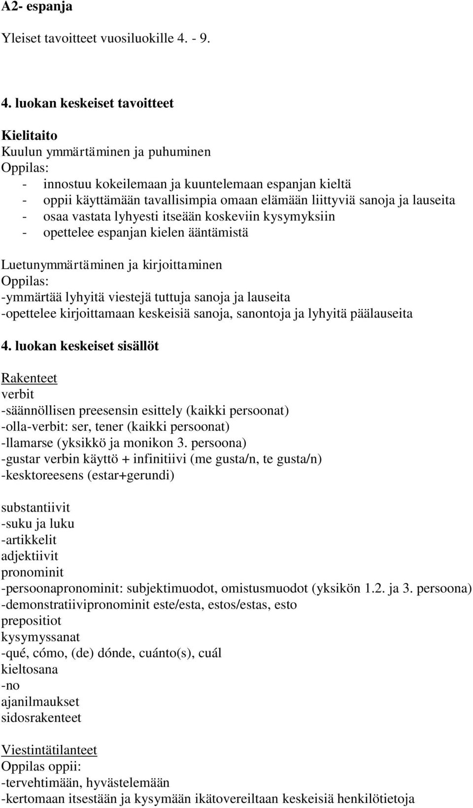 luokan keskeiset tavoitteet - innostuu kokeilemaan ja kuuntelemaan espanjan kieltä - oppii käyttämään tavallisimpia omaan elämään liittyviä sanoja ja lauseita - osaa vastata lyhyesti itseään