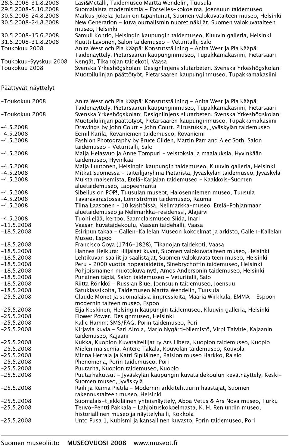 24.8.2008 New Generation - kuvajournalismin nuoret näkijät, Suomen valokuvataiteen museo, 30.15.6.2008 Samuli Kontio, Helsingin kaupungin taidemuseo, Kluuvin galleria, 31.31.8.2008 Kuutti Lavonen,