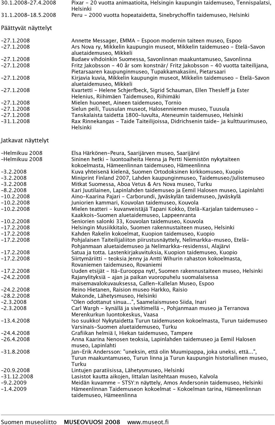 1.2008 Budaev vihdoinkin Suomessa, Savonlinnan maakuntamuseo, Savonlinna 27.1.2008 Fritz Jakobsson - 40 år som konstnär/ Fritz Jakobsson - 40 vuotta taiteilijana, Pietarsaaren kaupunginmuseo, Tupakkamakasiini, Pietarsaari 27.