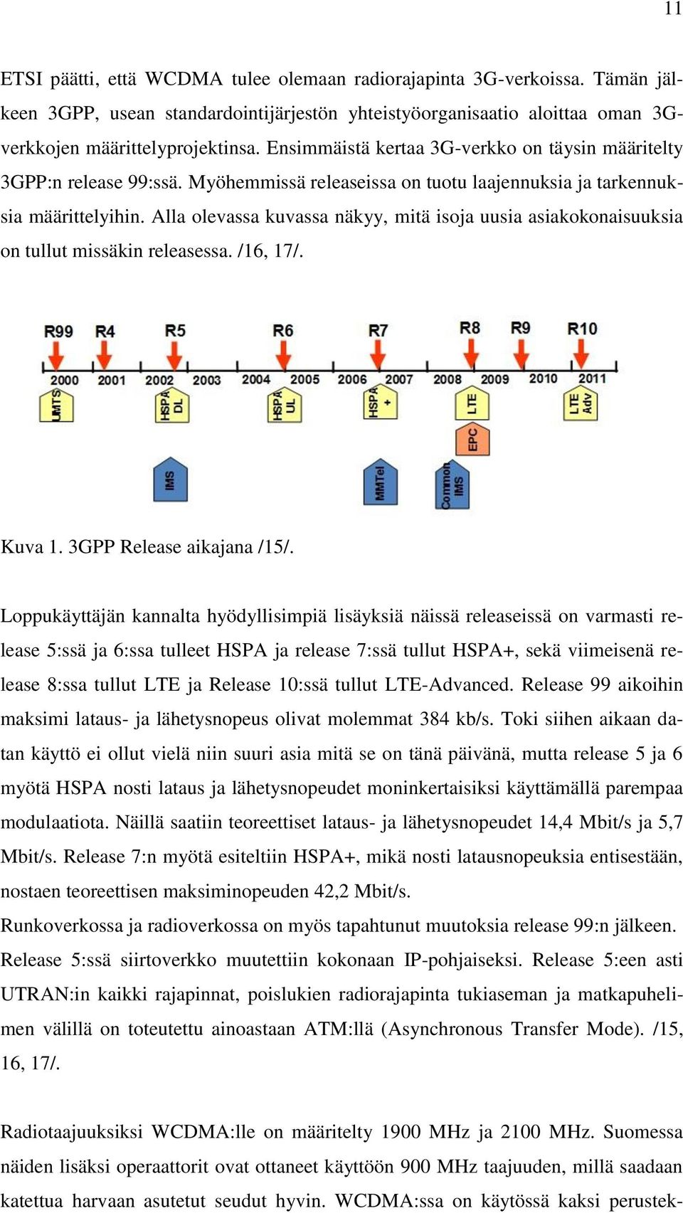 Alla olevassa kuvassa näkyy, mitä isoja uusia asiakokonaisuuksia on tullut missäkin releasessa. /16, 17/. Kuva 1. 3GPP Release aikajana /15/.