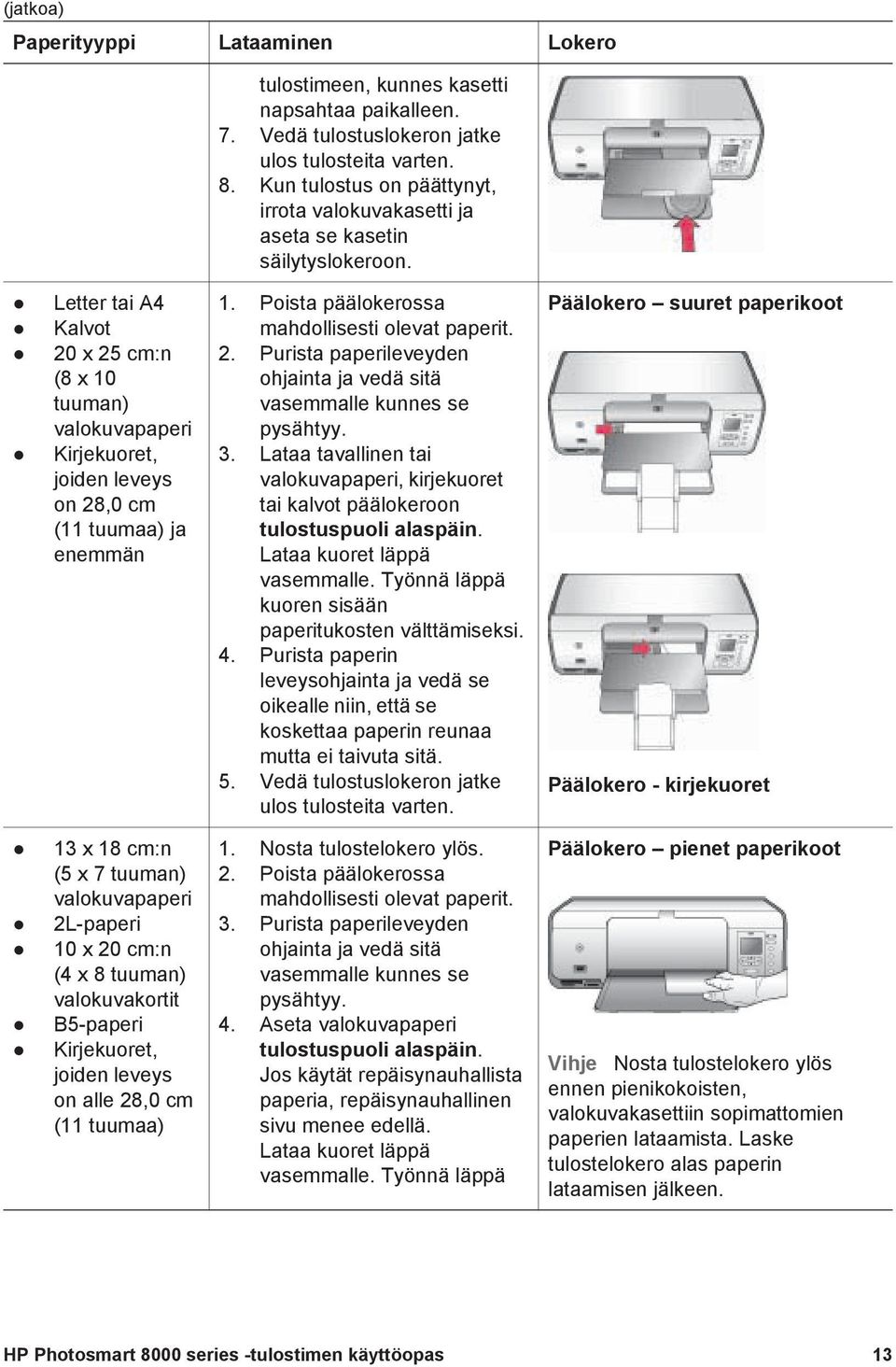 Letter tai A4 Kalvot 20 x 25 cm:n (8 x 10 tuuman) valokuvapaperi Kirjekuoret, joiden leveys on 28,0 cm (11 tuumaa) ja enemmän 1. Poista päälokerossa mahdollisesti olevat paperit. 2. Purista paperileveyden ohjainta ja vedä sitä vasemmalle kunnes se pysähtyy.