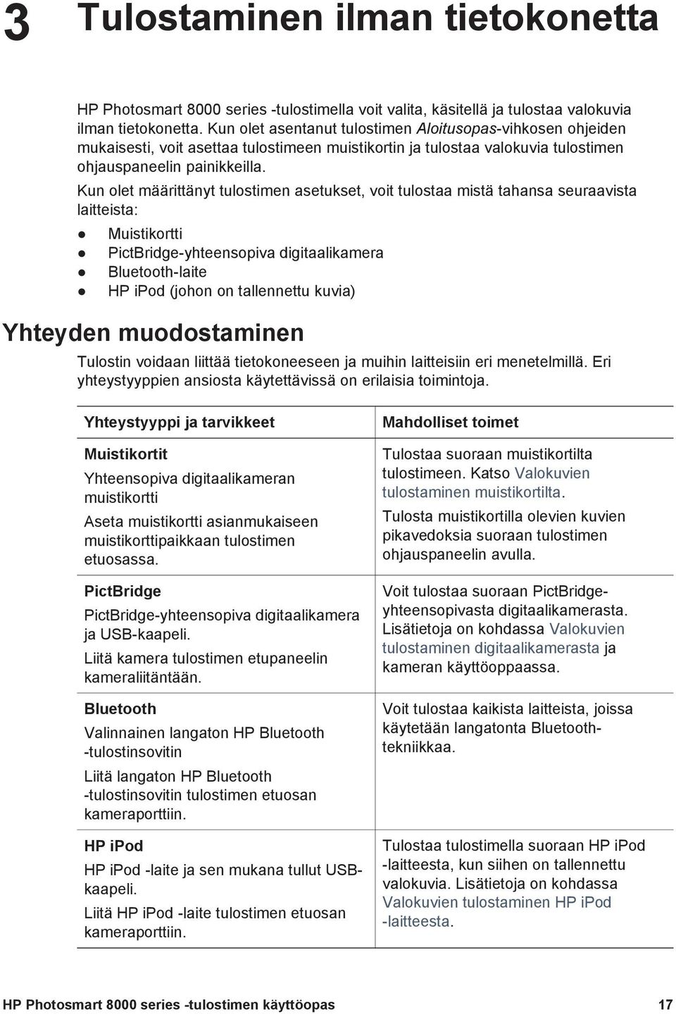 Kun olet määrittänyt tulostimen asetukset, voit tulostaa mistä tahansa seuraavista laitteista: Muistikortti PictBridge-yhteensopiva digitaalikamera Bluetooth-laite HP ipod (johon on tallennettu