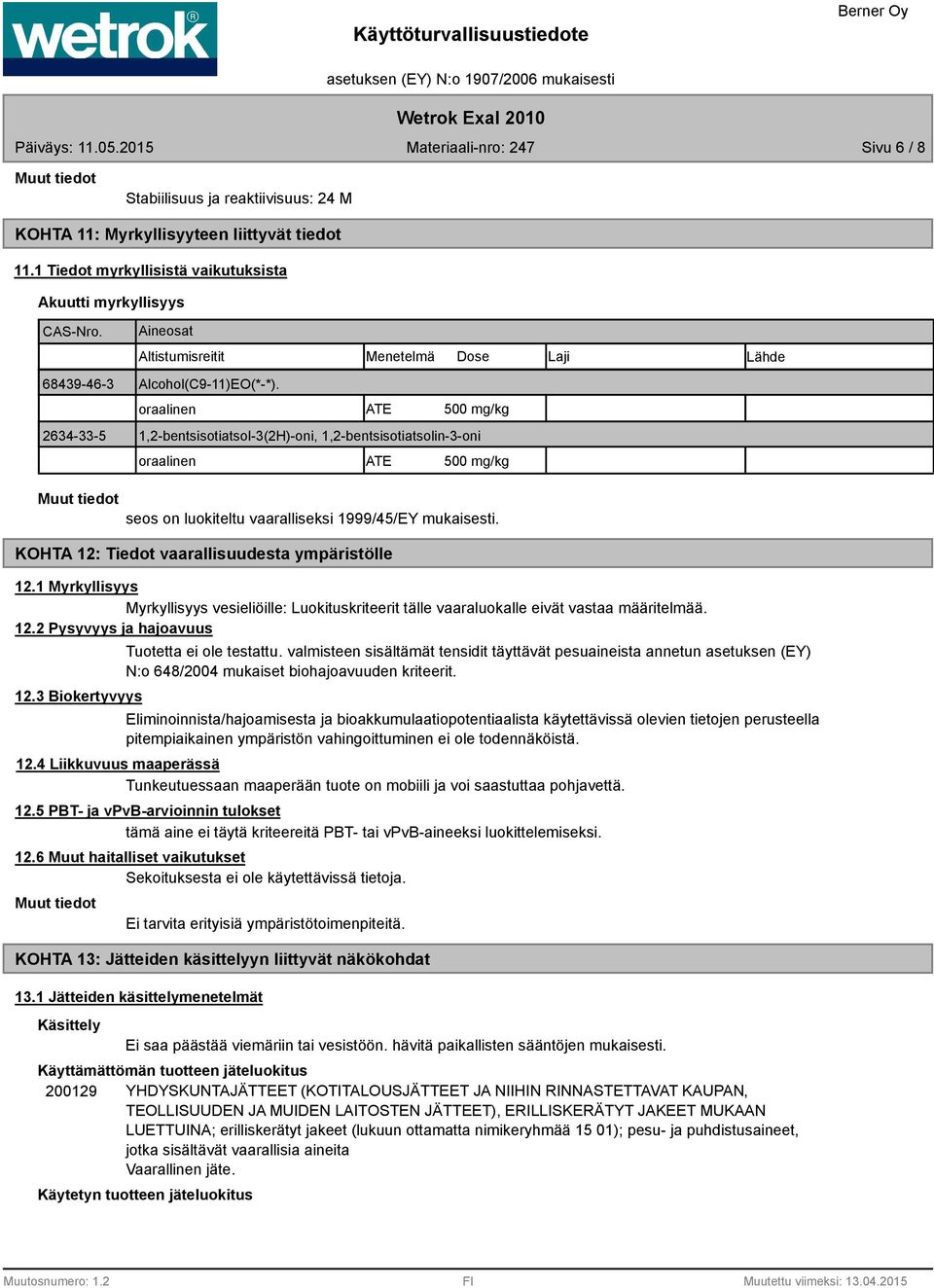 oraalinen ATE 500 mg/kg 2634-33-5 1,2-bentsisotiatsol-3(2H)-oni, 1,2-bentsisotiatsolin-3-oni oraalinen ATE 500 mg/kg seos on luokiteltu vaaralliseksi 1999/45/EY mukaisesti.