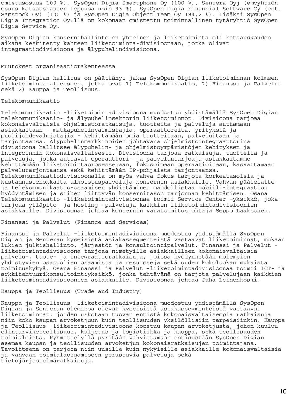 SysOpen Digian konsernihallinto on yhteinen ja liiketoiminta oli katsauskauden aikana keskitetty kahteen liiketoiminta-divisioonaan, jotka olivat integraatiodivisioona ja älypuhelindivisioona.