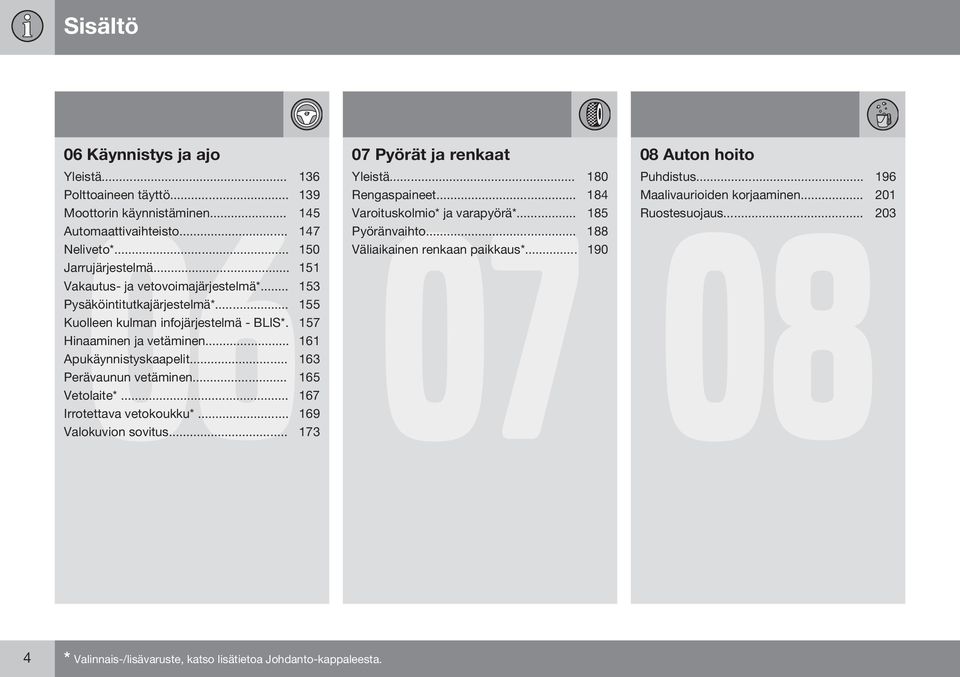 .. 151 Vakautus- ja vetovoimajärjestelmä*... 153 Pysäköintitutkajärjestelmä*... 155 Kuolleen kulman infojärjestelmä - BLIS*. 157 Hinaaminen ja vetäminen... 161 Apukäynnistyskaapelit.