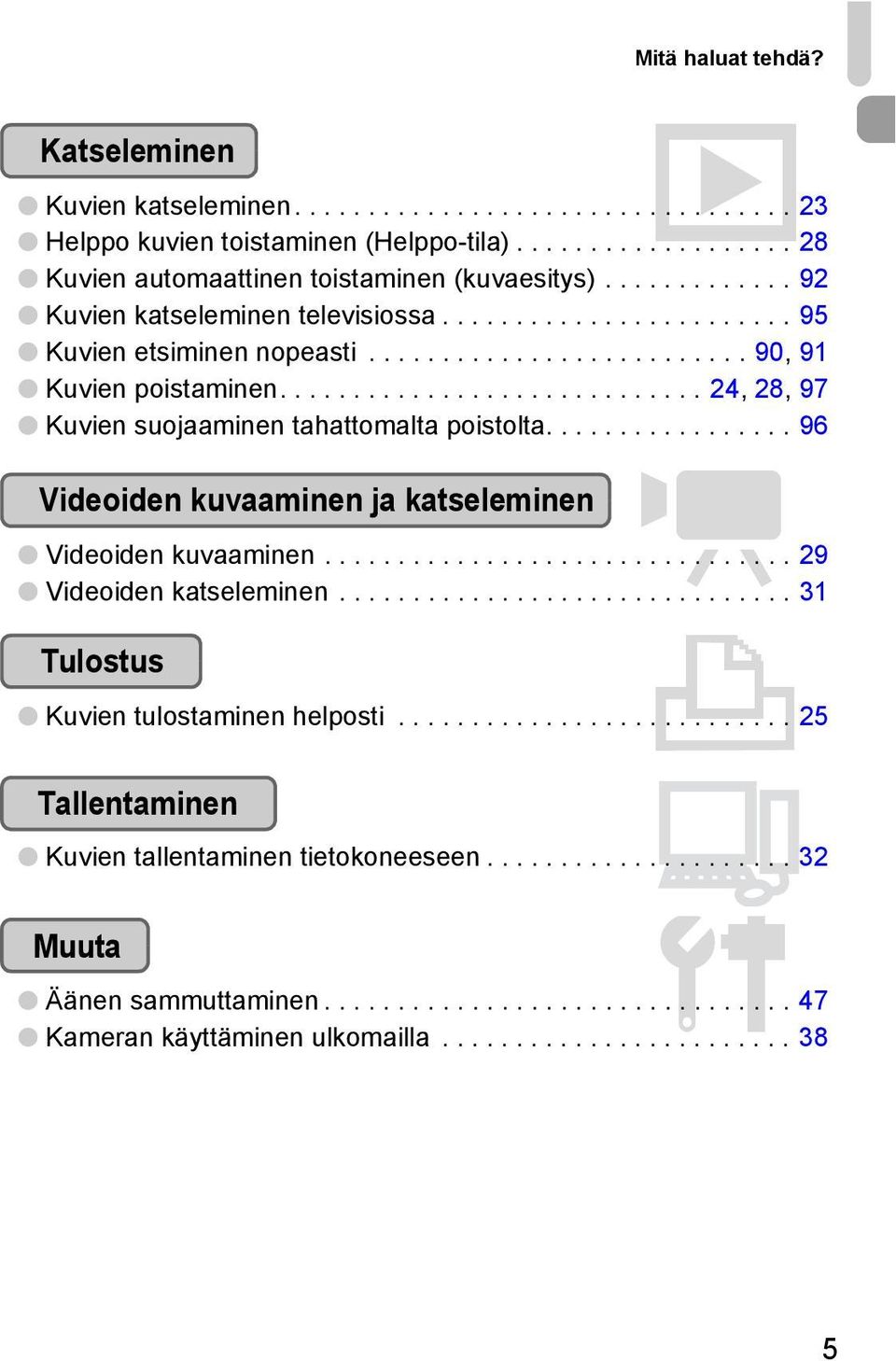 ............................ 24, 28, 97 Kuvien suojaaminen tahattomalta poistolta................. 96 Videoiden kuvaaminen ja katseleminen E Videoiden kuvaaminen................................ 29 Videoiden katseleminen.