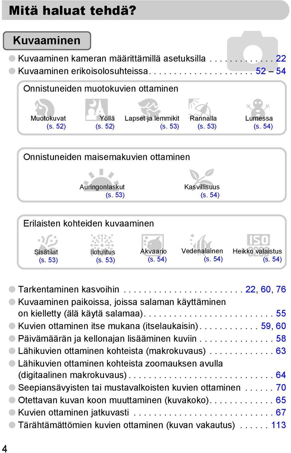 54) Onnistuneiden maisemakuvien ottaminen Auringonlaskut U Kasvillisuus O (s. 53) (s. 54) Erilaisten kohteiden kuvaaminen Sisätilat H (s. 53) Ilotulitust (s. 53) yakvaario (s. 54) Vedenalainen S(s.