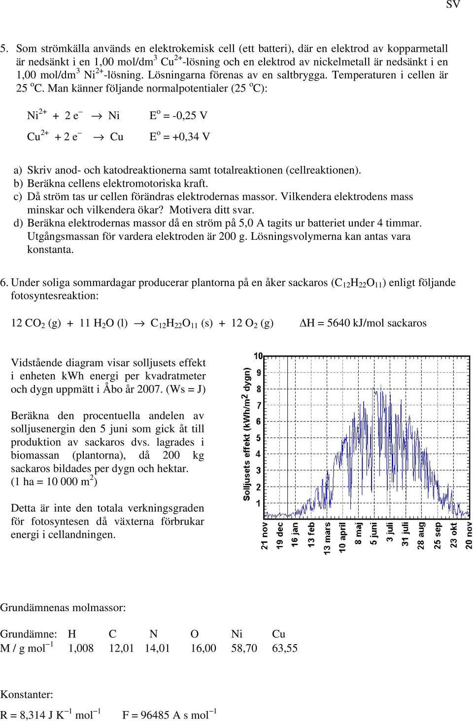 Man känner följande normalpotentialer (25 o ): Ni 2+ + 2 e Ni E o = -0,25 V u 2+ + 2 e u E o = +0,34 V a) Skriv anod- och katodreaktionerna samt totalreaktionen (cellreaktionen).