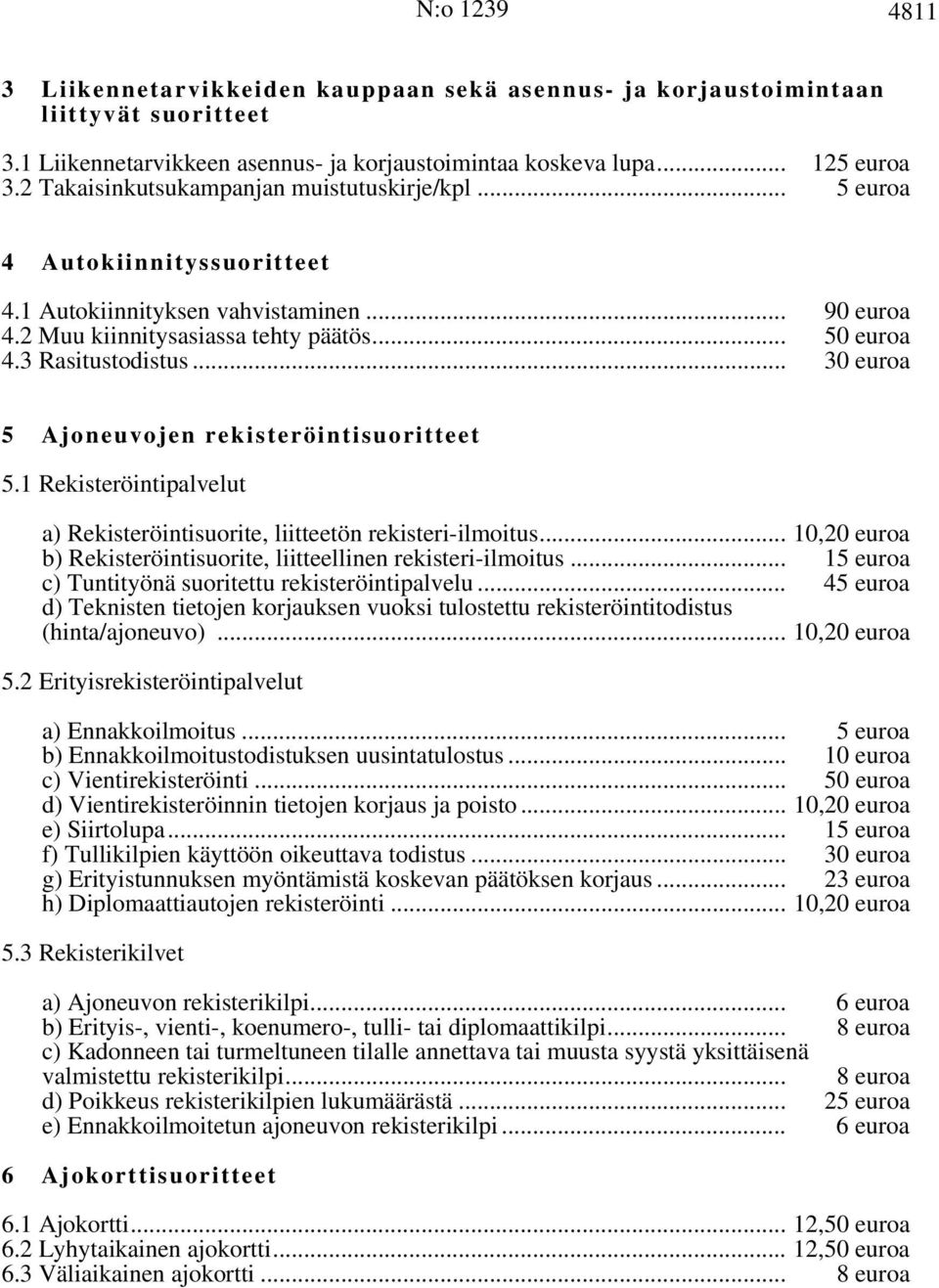 .. 30 euroa 5 Ajoneuvojen rekisteröintisuoritteet 5.1 Rekisteröintipalvelut a) Rekisteröintisuorite, liitteetön rekisteri-ilmoitus.