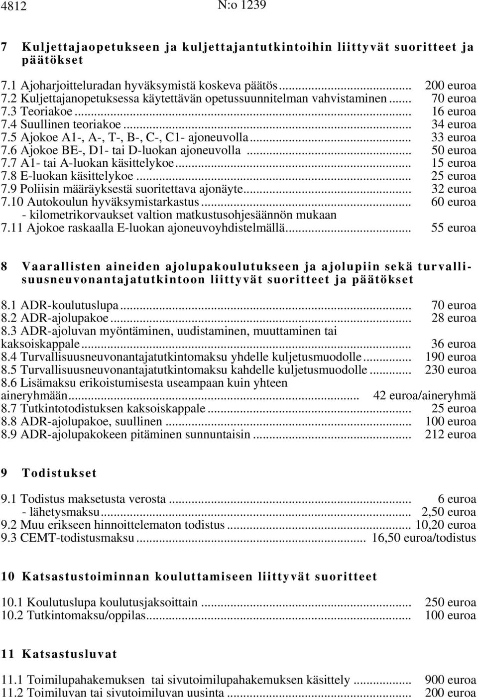 .. 33 euroa 7.6 Ajokoe BE-, D1- tai D-luokan ajoneuvolla... 50 euroa 7.7 A1- tai A-luokan käsittelykoe... 15 euroa 7.8 E-luokan käsittelykoe... 25 euroa 7.