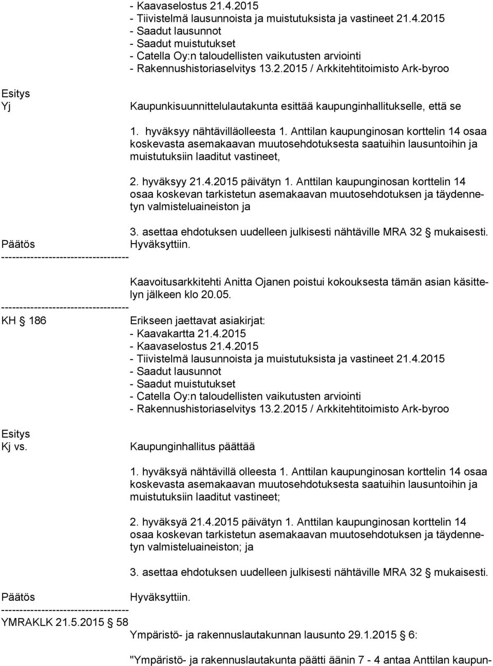 Anttilan kaupunginosan korttelin 14 osaa kos ke vas ta asemakaavan muutoseh do tuk ses ta saatuihin lau sun toi hin ja muis tu tuk siin laa di tut vastineet, 2. hyväksyy 21.4.2015 päivätyn 1.