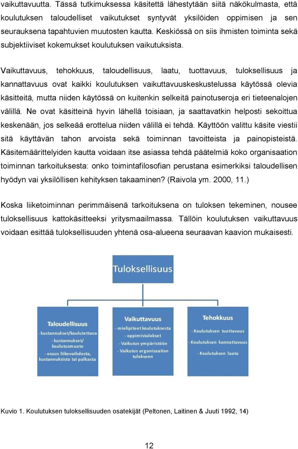 Vaikuttavuus, tehokkuus, taloudellisuus, laatu, tuottavuus, tuloksellisuus ja kannattavuus ovat kaikki koulutuksen vaikuttavuuskeskustelussa käytössä olevia käsitteitä, mutta niiden käytössä on