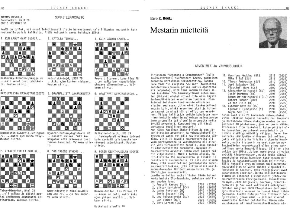 KUIN JÄIDEN LÄHTö... Eero E. Böök: Mestarin mietteitä ARVONIMIÄ JA VAHVUUSLUKUJA Reshevsky-Ivanovic,Skopje 76.. niin vedot ovat tehokkaita. Mustan siirto. 4.