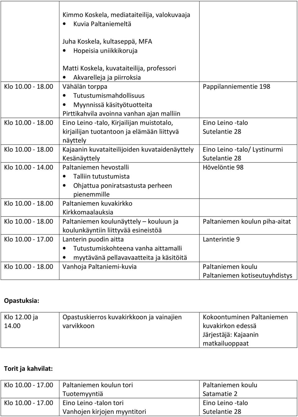 00, Kirjailijan muistotalo, kirjailijan tuotantoon ja elämään liittyvä näyttely Klo 10.00-18.00 Kajaanin kuvataiteilijoiden kuvataidenäyttely Kesänäyttely Klo 10.00-14.