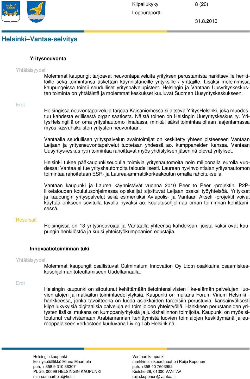 2010 Helsinki Vantaa-selvitys Yritysneuvonta Yhtäläisyydet Molemmat kaupungit tarjoavat neuvontapalveluita yrityksen perustamista harkitseville henkilöille sekä toimintansa äskettäin käynnistäneille