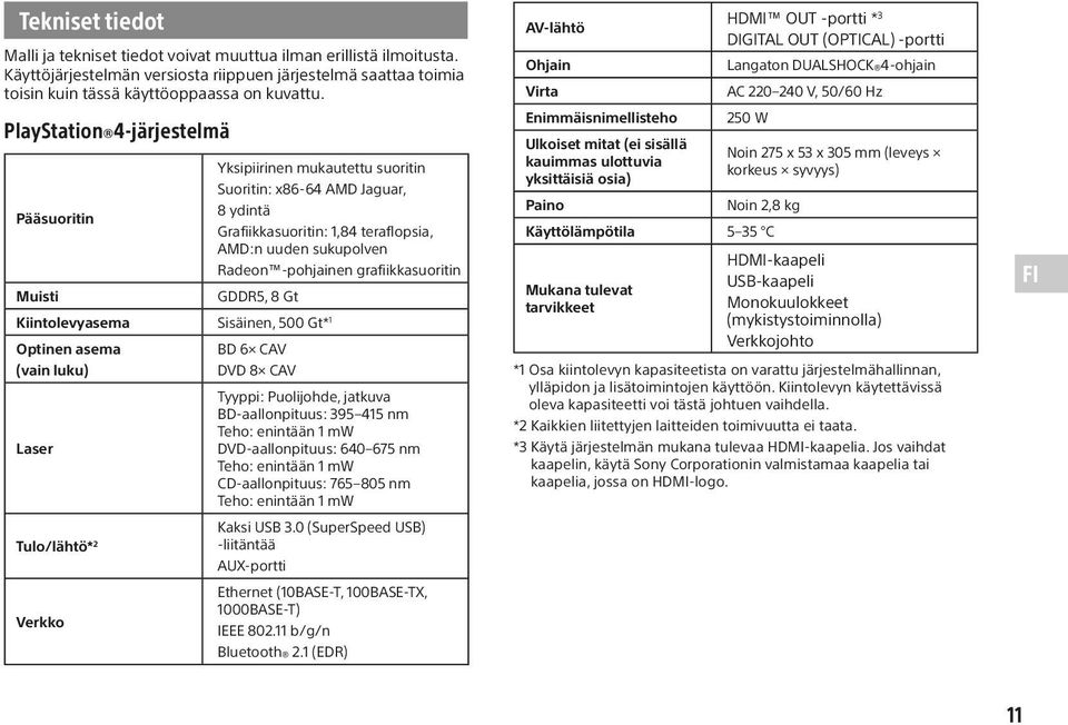 grafiikkasuoritin Muisti GDDR5, 8 Gt Kiintolevyasema Sisäinen, 500 Gt* 1 Optinen asema (vain luku) Laser Tulo/lähtö* 2 Verkko BD 6 CAV DVD 8 CAV Tyyppi: Puolijohde, jatkuva BD-aallonpituus: 395 415