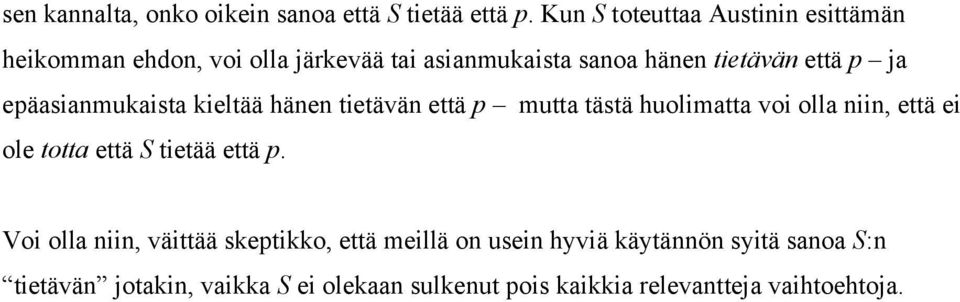 ja epäasianmukaista kieltää hänen tietävän että p mutta tästä huolimatta voi olla niin, että ei ole totta että S