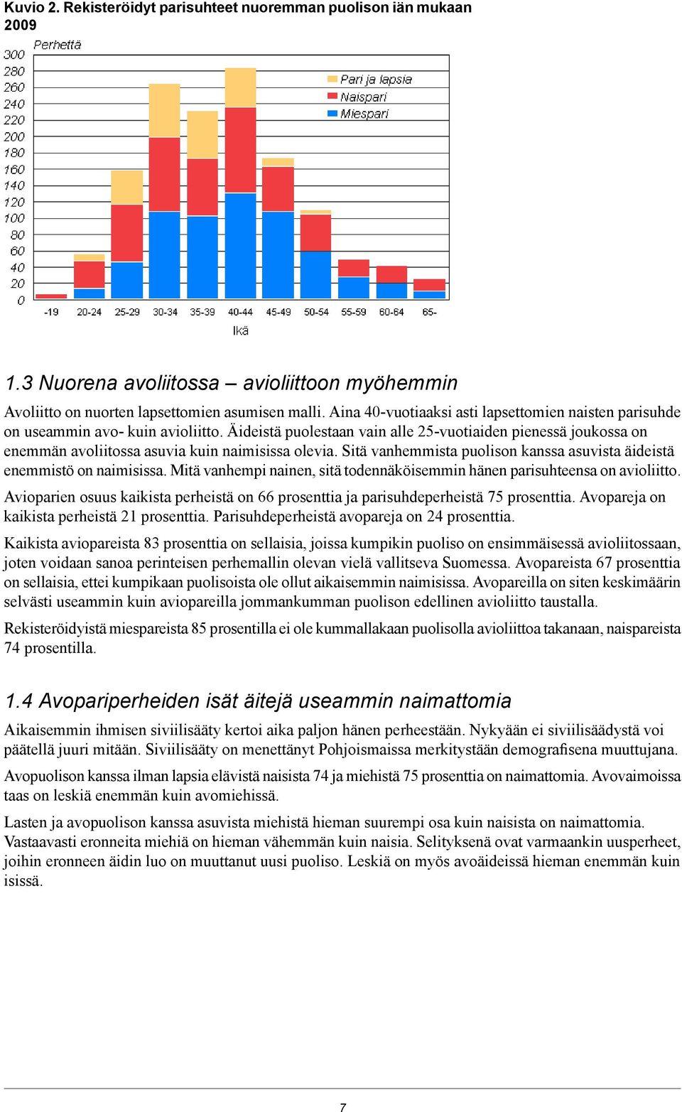 asuvista äideistä enemmistö on naimisissa Mitä vanhempi nainen, sitä todennäköisemmin hänen parisuhteensa on avioliitto Avioparien osuus kaikista perheistä on 66 prosenttia ja parisuhdeperheistä 75