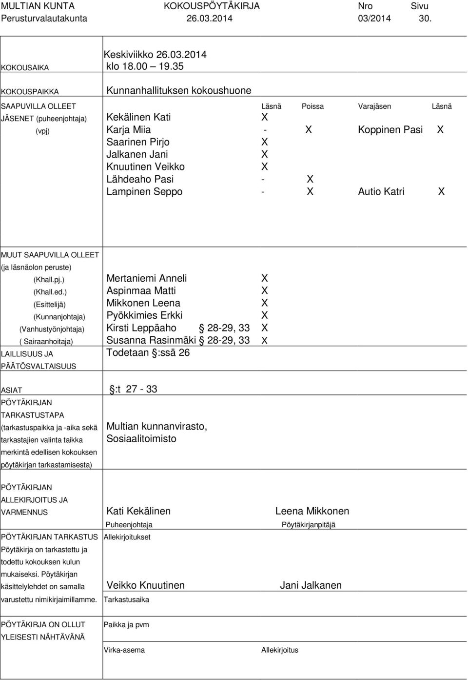 Jani X Knuutinen Veikko X Lähdeaho Pasi - X Lampinen Seppo - X Autio Katri X MUUT SAAPUVILLA OLLEET (ja läsnäolon peruste) (Khall.pj.) Mertaniemi Anneli X (Khall.ed.