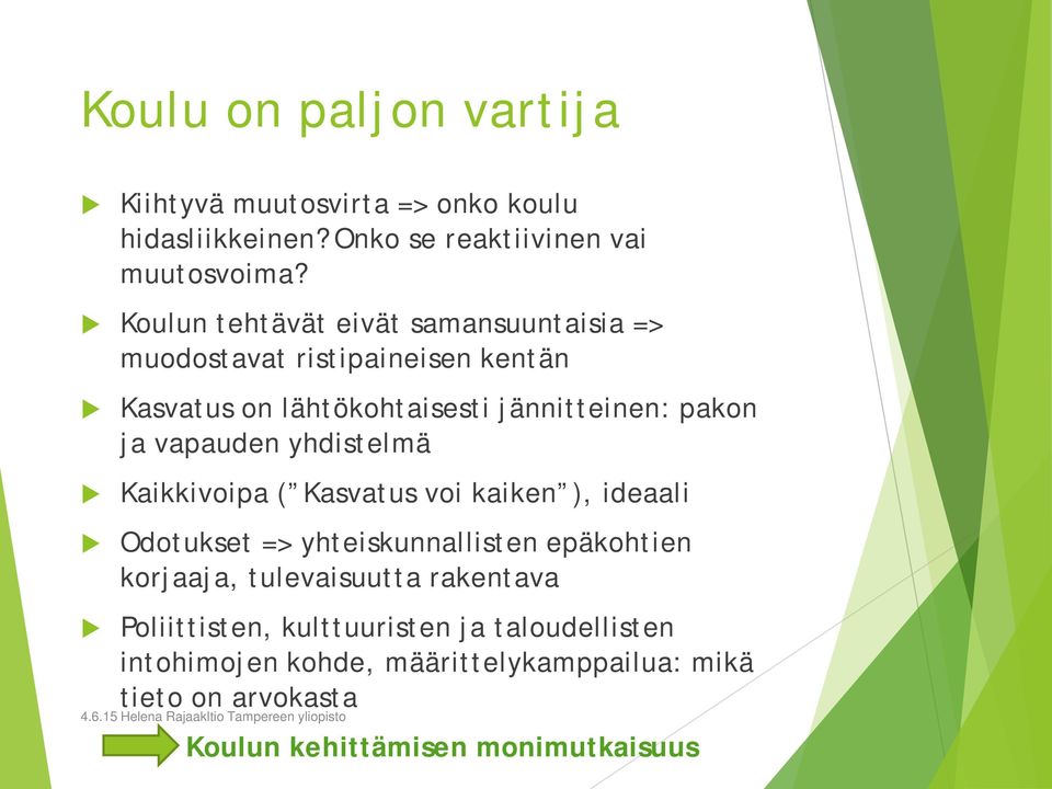 vapauden yhdistelmä Kaikkivoipa ( Kasvatus voi kaiken ), ideaali Odotukset => yhteiskunnallisten epäkohtien korjaaja, tulevaisuutta