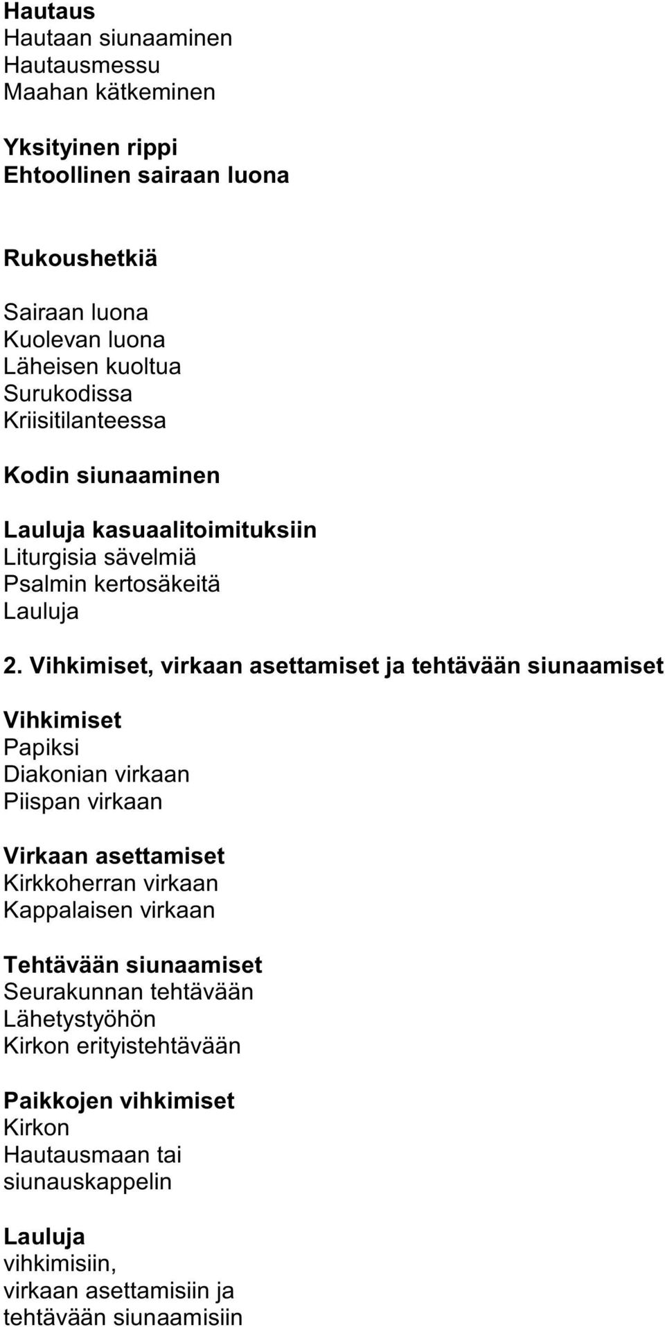 Vihkimiset, virkaan asettamiset ja tehtävään siunaamiset Vihkimiset Papiksi Diakonian virkaan Piispan virkaan Virkaan asettamiset Kirkkoherran virkaan Kappalaisen