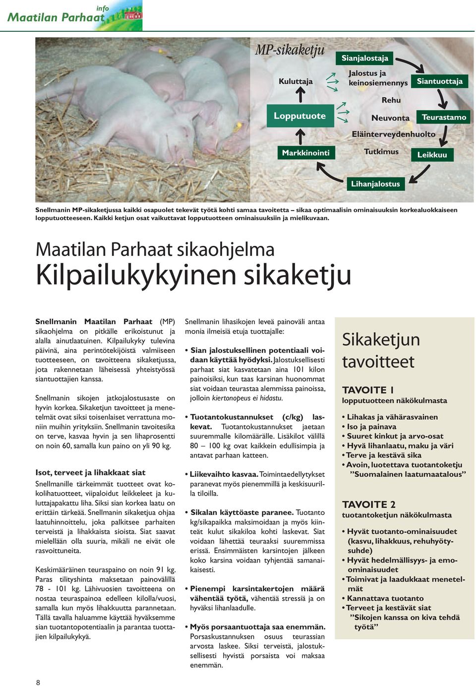 Maatilan Parhaat sikaohjelma Kilpailukykyinen sikaketju Snellmanin Maatilan Parhaat (MP) sikaohjelma on pitkälle erikoistunut ja alalla ainutlaatuinen.