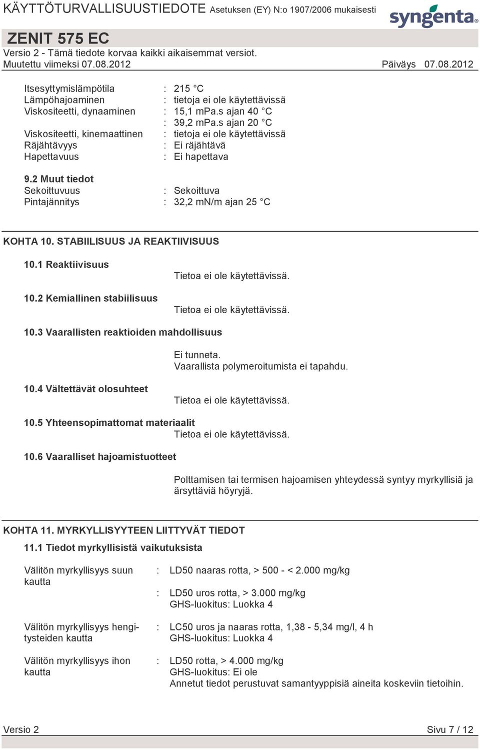2 Muut tiedot Sekoittuvuus : Sekoittuva Pintajännitys : 32,2 mn/m ajan 25 C KOHTA 10. STABIILISUUS JA REAKTIIVISUUS 10.1 Reaktiivisuus 10.2 Kemiallinen stabiilisuus Tietoa ei ole käytettävissä.