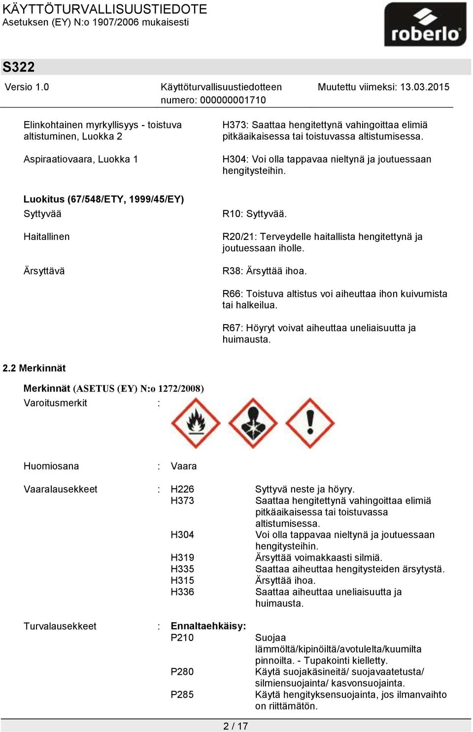 R20/21: Terveydelle haitallista hengitettynä ja joutuessaan iholle. R38: Ärsyttää ihoa. R66: Toistuva altistus voi aiheuttaa ihon kuivumista tai halkeilua.