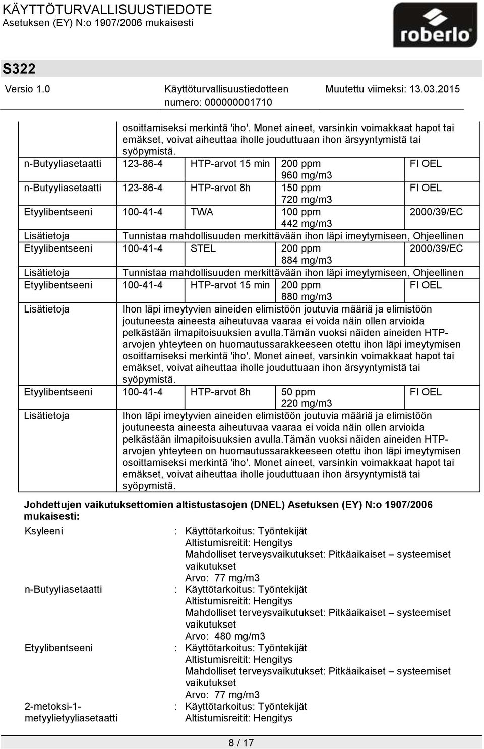 Tunnistaa mahdollisuuden merkittävään ihon läpi imeytymiseen, Ohjeellinen Etyylibentseeni 100-41-4 STEL 200 ppm 2000/39/EC 884 mg/m3 Tunnistaa mahdollisuuden merkittävään ihon läpi imeytymiseen,