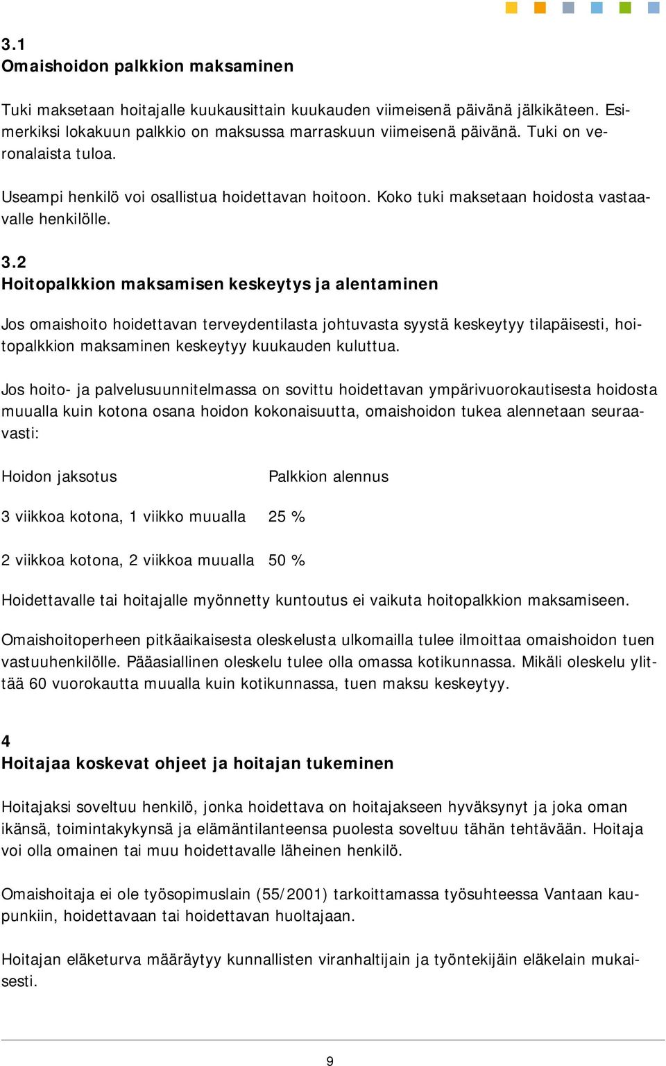 2 Hoitopalkkion maksamisen keskeytys ja alentaminen Jos omaishoito hoidettavan terveydentilasta johtuvasta syystä keskeytyy tilapäisesti, hoitopalkkion maksaminen keskeytyy kuukauden kuluttua.