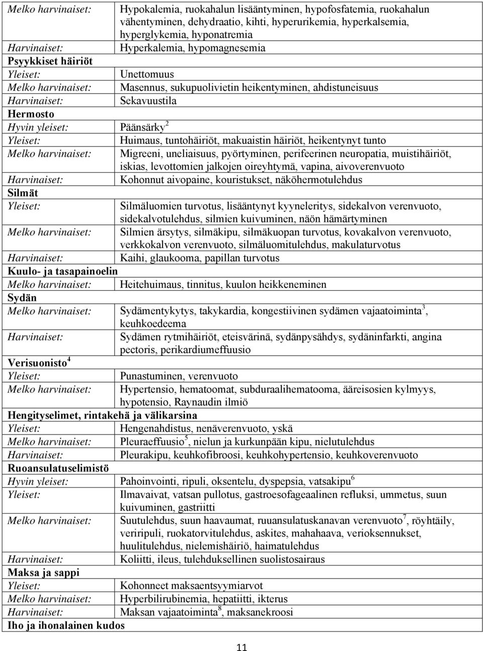 Sekavuustila Huimaus, tuntohäiriöt, makuaistin häiriöt, heikentynyt tunto Melko harvinaiset: Migreeni, uneliaisuus, pyörtyminen, perifeerinen neuropatia, muistihäiriöt, iskias, levottomien jalkojen