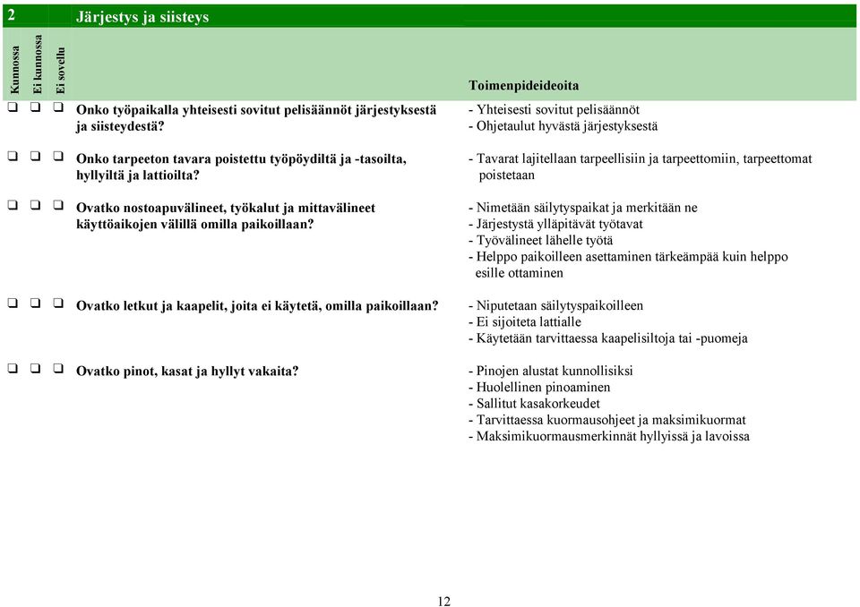 Ovatko nostoapuvälineet, työkalut ja mittavälineet käyttöaikojen välillä omilla paikoillaan?