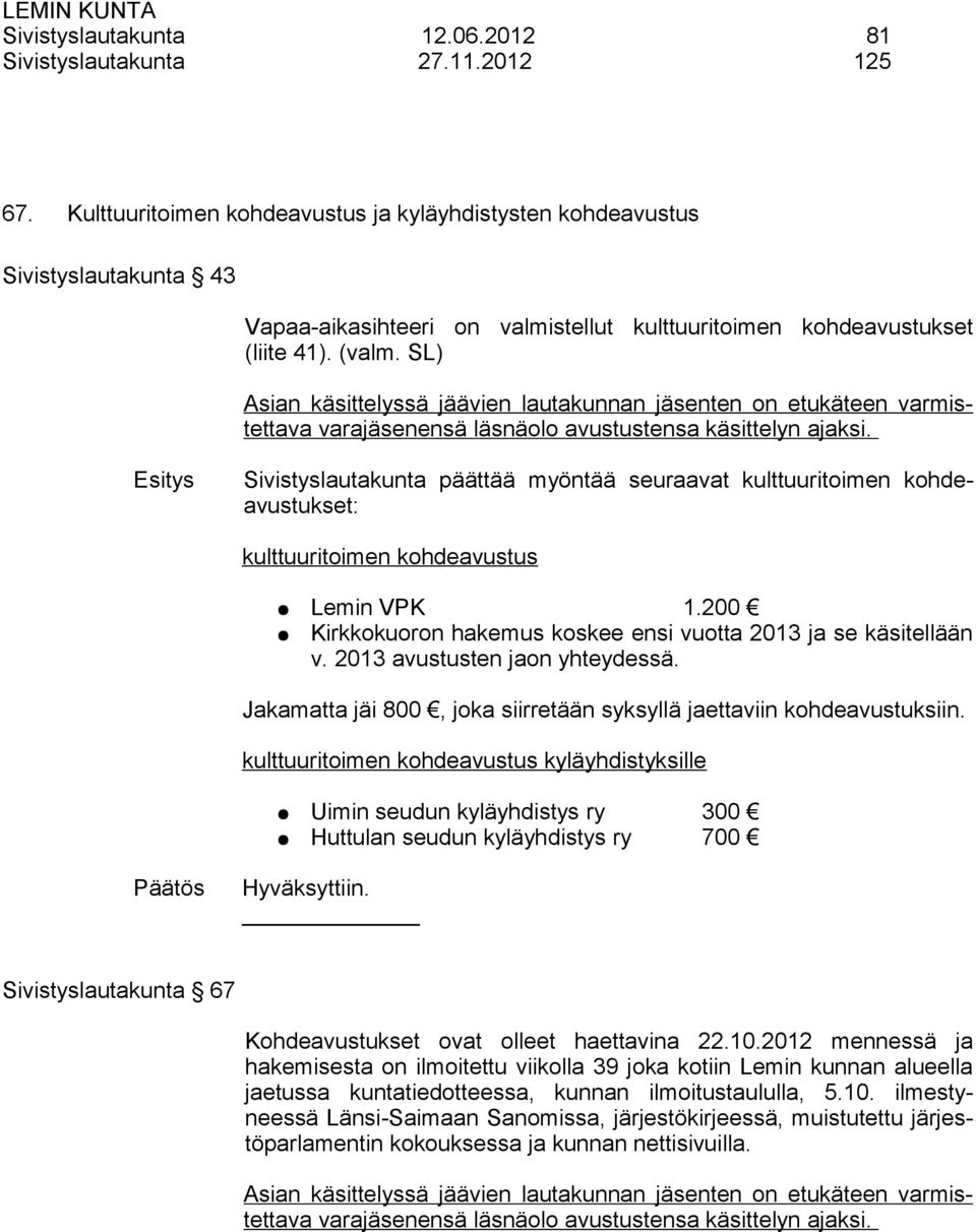 SL) Asian käsittelyssä jäävien lautakunnan jäsenten on etukäteen varmistettava varajäsenensä läsnäolo avustustensa käsittelyn ajaksi.