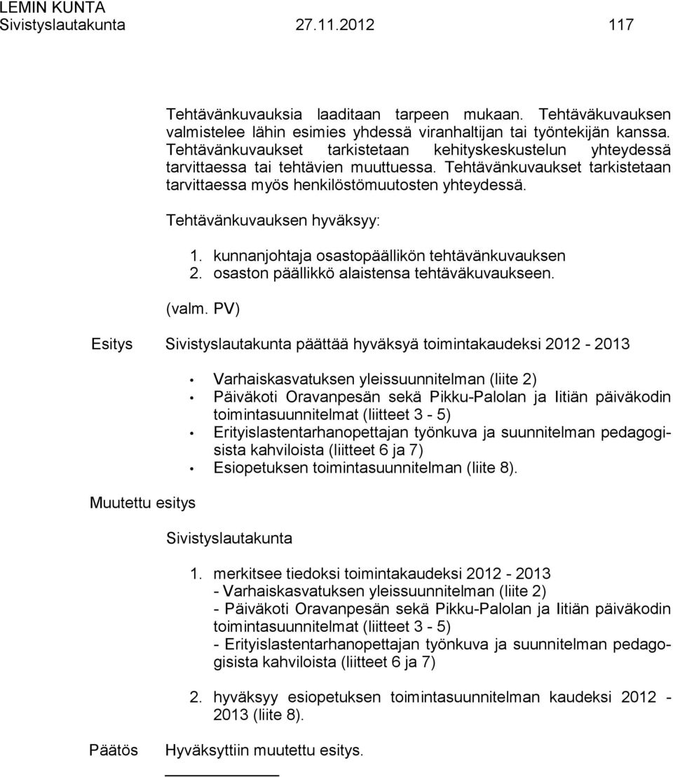 Tehtävänkuvauksen hyväksyy: 1. kunnanjohtaja osastopäällikön tehtävänkuvauksen 2. osaston päällikkö alaistensa tehtäväkuvaukseen. (valm.