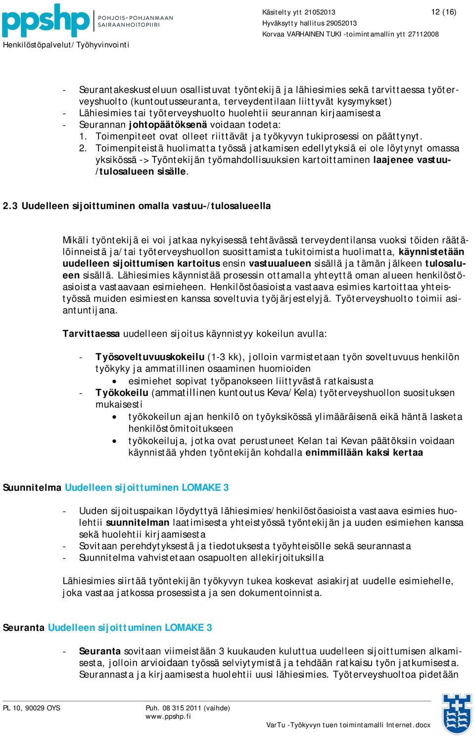 Toimenpiteistä huolimatta työssä jatkamisen edellytyksiä ei ole löytynyt omassa yksikössä -> Työntekijän työmahdollisuuksien kartoittaminen laajenee vastuu- /tulosalueen sisälle. 2.