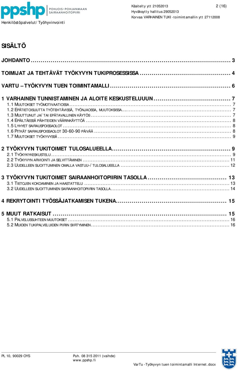 5 LYHYET SAIRAUSPOISSAOLOT... 8 1.6 PITKÄT SAIRAUSPOISSAOLOT 30-60-90 PÄIVÄÄ... 8 1.7 MUUTOKSET TYÖKYVYSSÄ... 9 2 TYÖKYVYN TUKITOIMET TULOSALUEELLA... 9 2.1 TYÖKYKYKESKUSTELU... 9 2.2 TYÖKYVYN ARVIOINTI JA SELVITTÄMINEN.