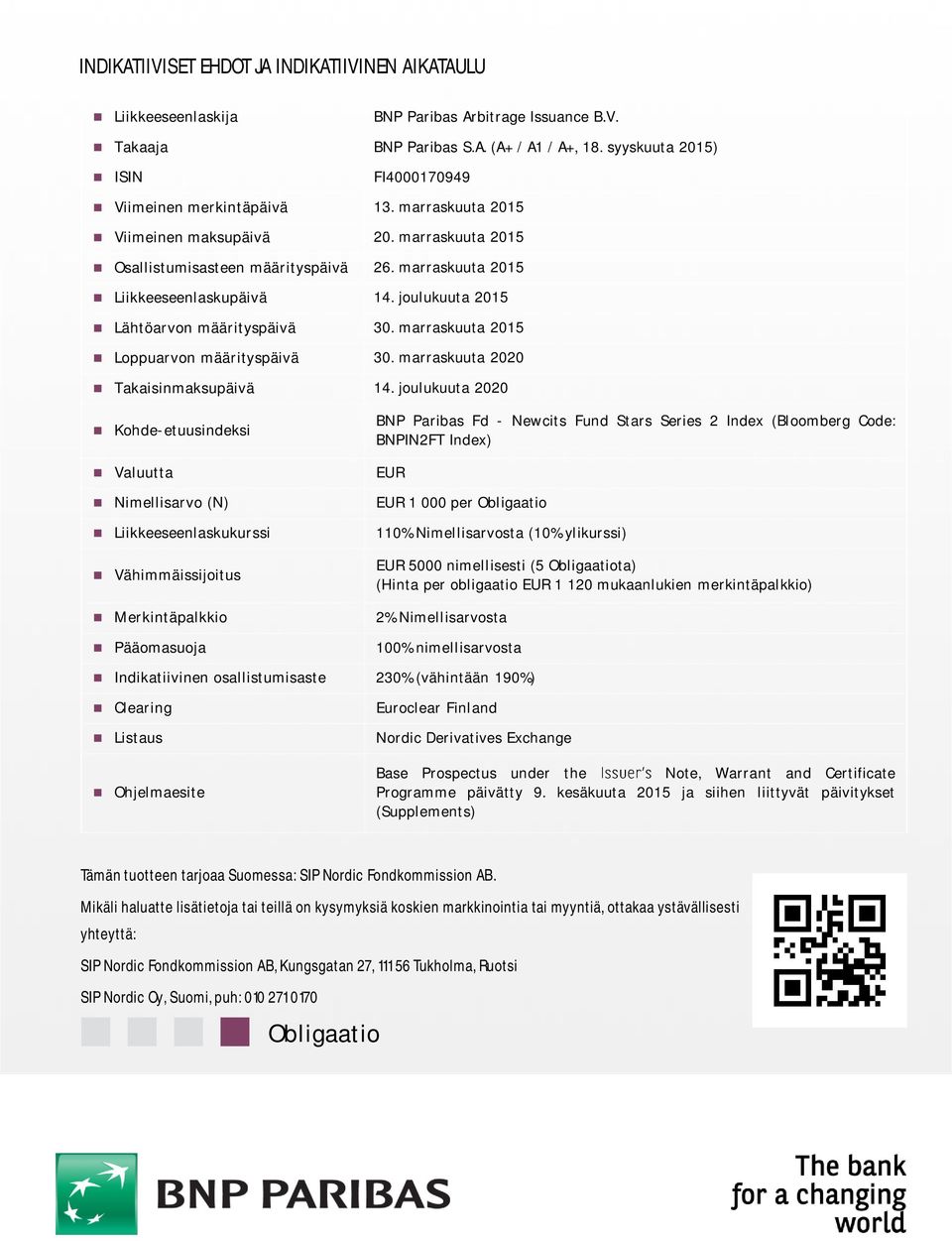 joulukuuta 2015 Lähtöarvon määrityspäivä 30. marraskuuta 2015 Loppuarvon määrityspäivä 30. marraskuuta 2020 Takaisinmaksupäivä 14.