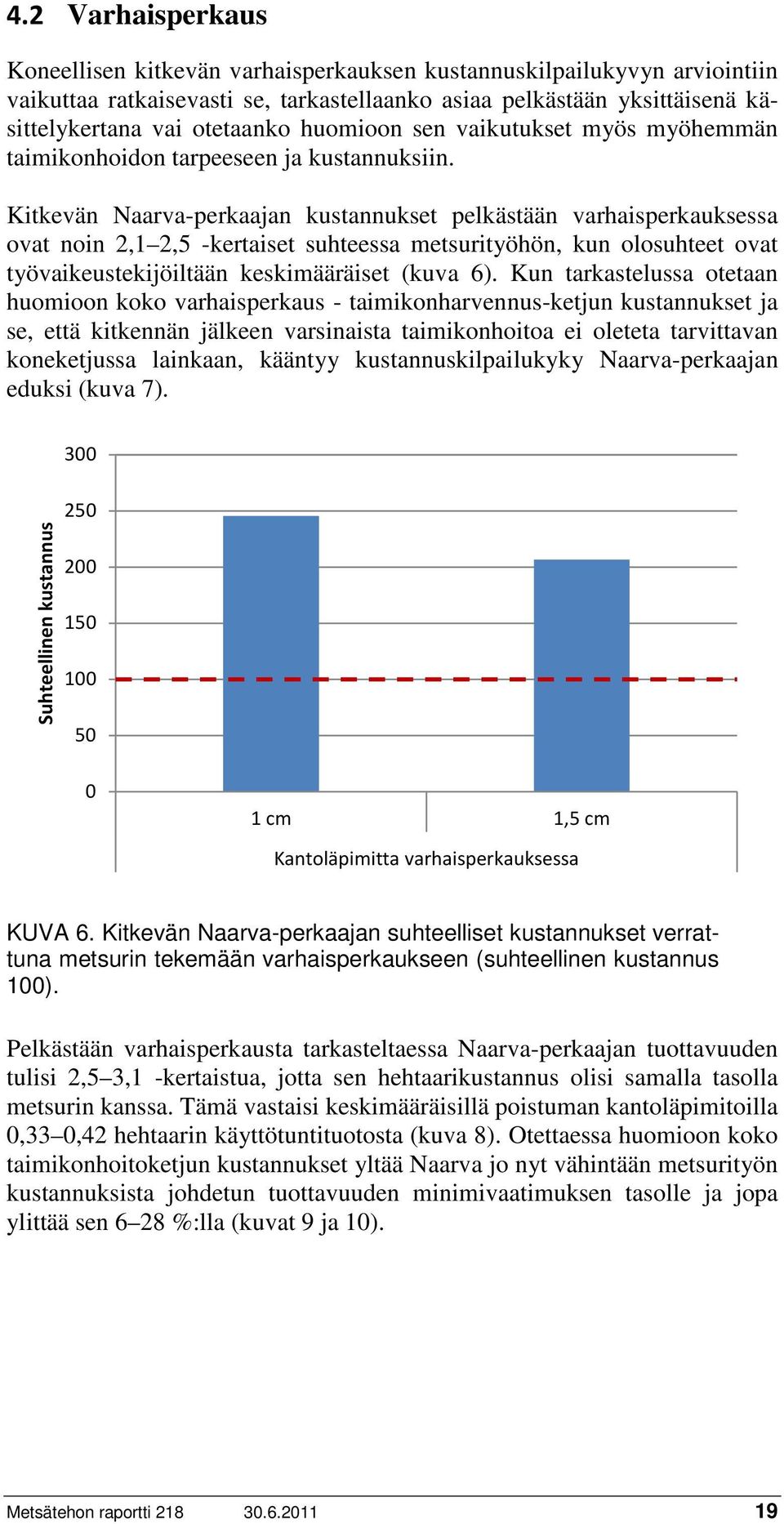 Kitkevän Naarva-perkaajan kustannukset pelkästään varhaisperkauksessa ovat noin 2,1 2,5 -kertaiset suhteessa metsurityöhön, kun olosuhteet ovat työvaikeustekijöiltään keskimääräiset (kuva 6).
