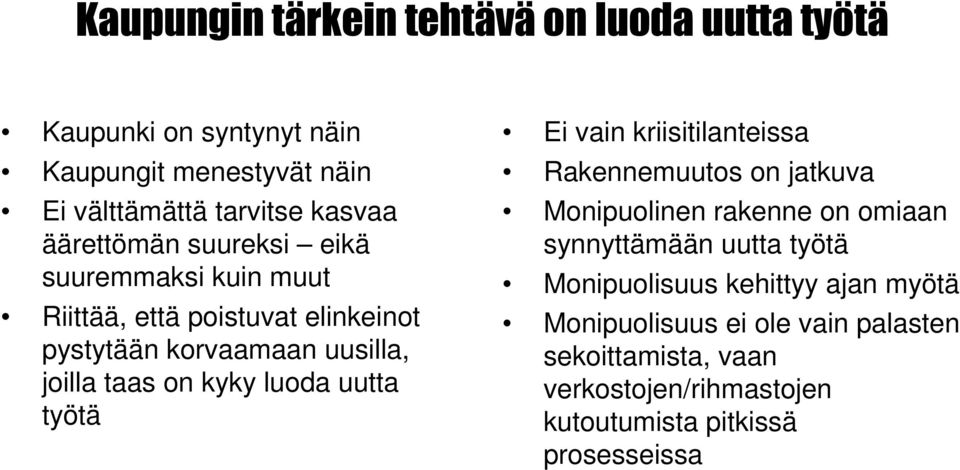 kriisitilanteissa Rakennemuutos on jatkuva Monipuolinen rakenne on omiaan synnyttämään uutta työtä Monipuolisuus kehittyy
