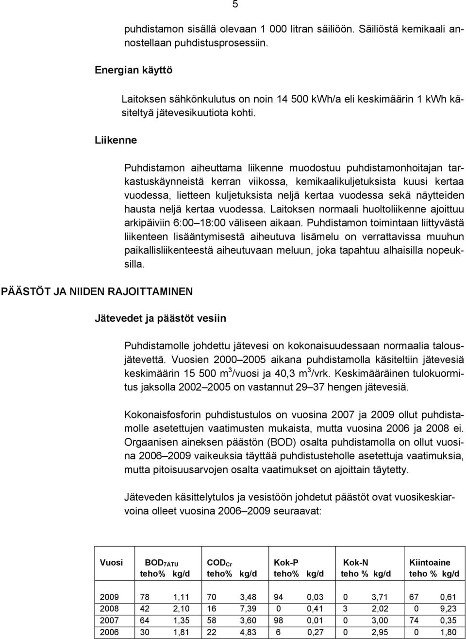 Puhdistamon aiheuttama liikenne muodostuu puhdistamonhoitajan tarkastuskäynneistä kerran viikossa, kemikaalikuljetuksista kuusi kertaa vuodessa, lietteen kuljetuksista neljä kertaa vuodessa sekä