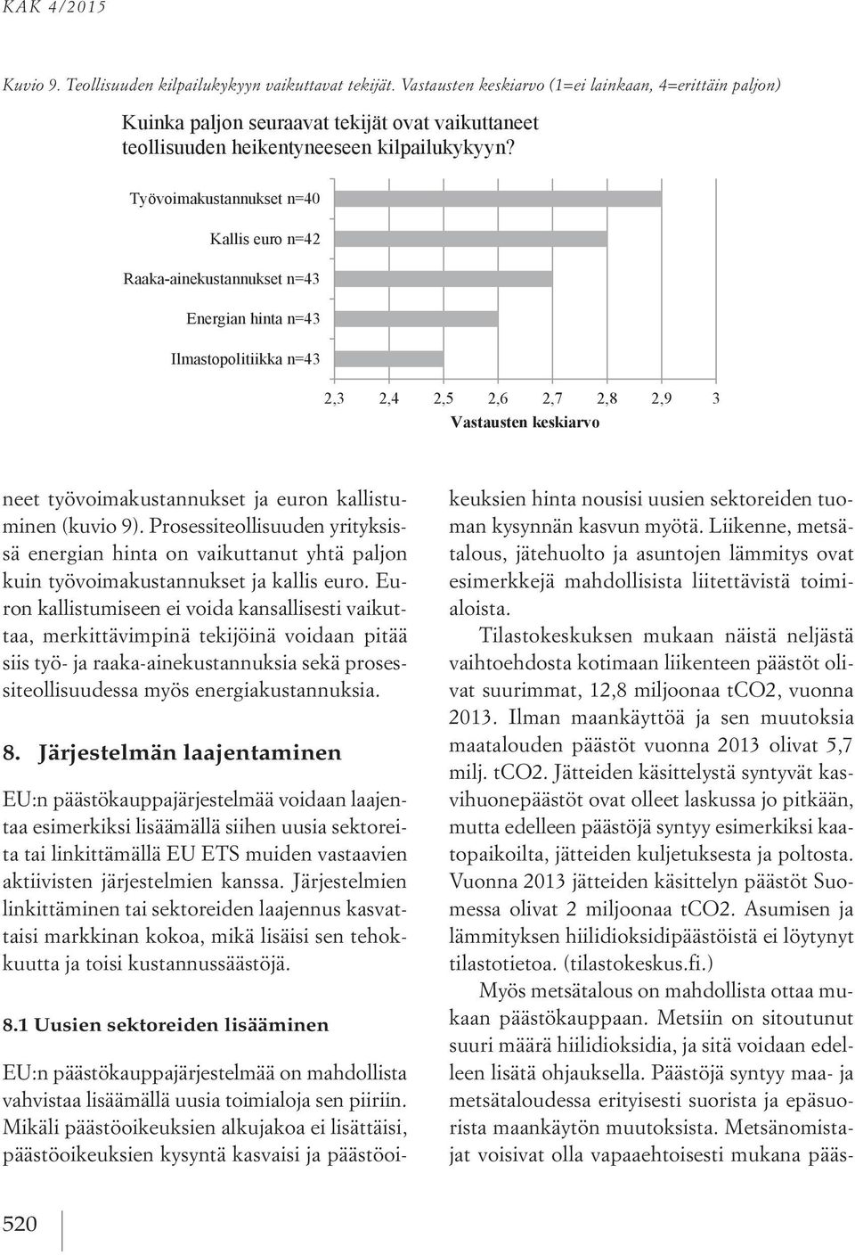 Työvoimakustannukset n=40 Kallis euro n=42 Raaka-ainekustannukset n=43 Energian hinta n=43 Ilmastopolitiikka n=43 2,3 2,4 2,5 2,6 2,7 2,8 2,9 3 Vastausten keskiarvo neet työvoimakustannukset ja euron