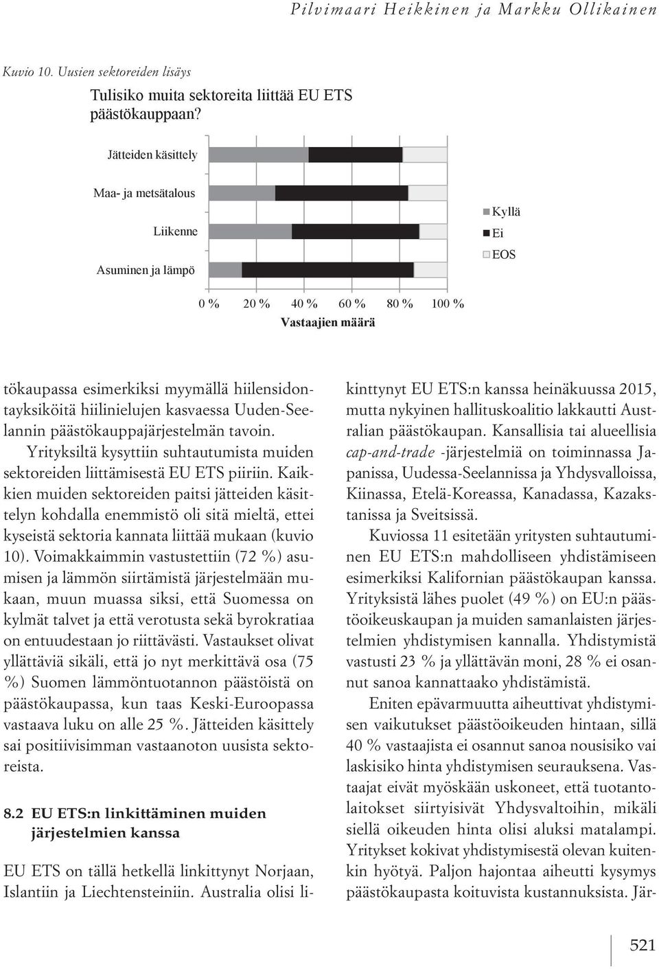 Jätteiden käsittely Maa- ja metsätalous Liikenne Asuminen ja lämpö Kyllä Ei EOS 0 % 20 % 40 % 60 % 80 % 100 % Vastaajien määrä tökaupassa esimerkiksi myymällä hiilensidontayksiköitä hiilinielujen