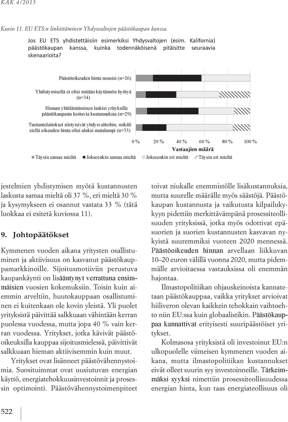 Päästöoikeuden hinta nousisi (n=26) Yhdistymisellä ei olisi mitään käytännön hyötyä (n=34) Hinnan yhtäläistäminen laskisi yrityksille päästökaupasta koituvia kustannuksia (n=29) Tuotantolaitokset