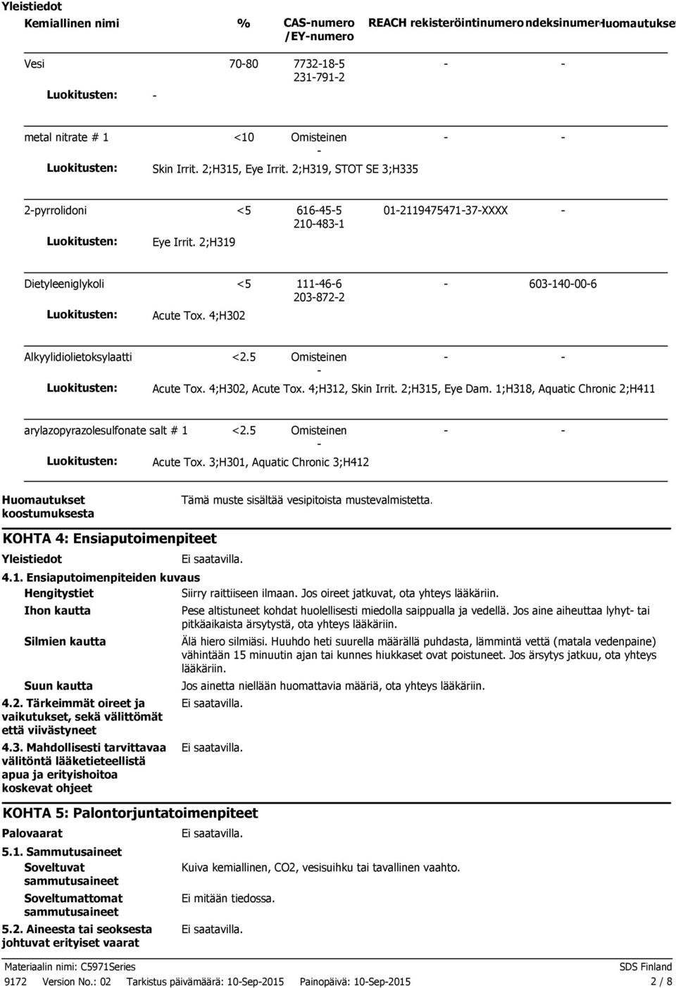 4;H302 Alkyylidiolietoksylaatti <2.5 Omisteinen Luokitusten: Acute Tox. 4;H302, Acute Tox. 4;H312, Skin Irrit. 2;H315, Eye Dam. 1;H318, Aquatic Chronic 2;H411 arylazopyrazolesulfonate salt # 1 <2.