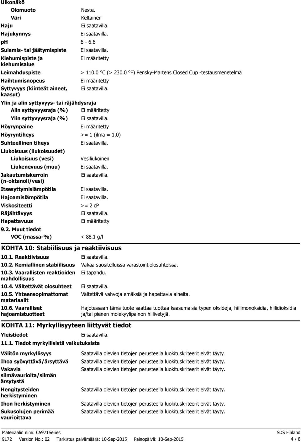 0 F) PenskyMartens Closed Cup testausmenetelmä Ylin ja alin syttyvyys tai räjähdysraja Alin syttyvyysraja (%) Ylin syttyvyysraja (%) Höyrynpaine Höyryntiheys >= 1 (ilma = 1,0) Suhteellinen tiheys