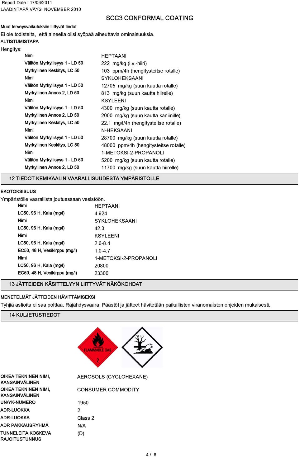 Keskitys, LC 50 103 ppm/4h (hengitysteitse rotalle) Välitön Myrkyllisyys 1 - LD 50 12705 mg/kg (suun kautta rotalle) Myrkyllinen Annos 2, LD 50 813 mg/kg (suun kautta hiirelle) Välitön Myrkyllisyys 1