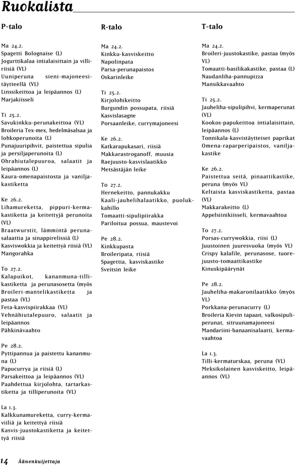 (VL) Broileria Tex-mex, hedelmäsalsaa ja lohkoperunoita (L) Punajuuripihvit, paistettua sipulia ja persiljaperunoita (L) Ohrahiutalepuuroa, salaatit ja leipäannos (L) Kaura-omenapaistosta ja